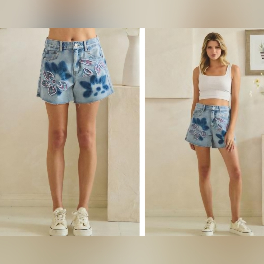 Oli & Hali Light Blue Denim Jean Shorts with Navy Floral Spray